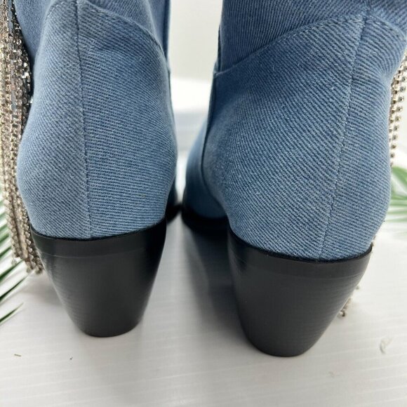 Azalea Wang Blue Denim Rhinestone Fringed Wide Calf Ankle Boots Size 7 Cowboy - Picture 8 of 13